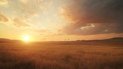 Fototapeta premium Golden sunset over a vast field with wind turbines.