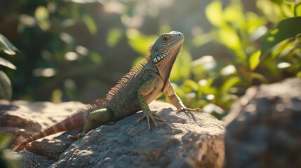 Fototapeta premium Green iguana basking on rock in sunlight, vibrant tropical foliage background.