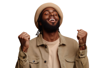 Portrait of delighted positive person closed eyes raise fists shout yeah isolated PNG

