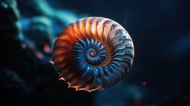 Glowing nautilus shell with intricate spiral structure, floating in dark water.