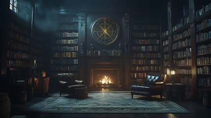 Cozy library with fireplace, leather chairs, bookshelves, and ornate clock.