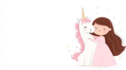 Cute cartoon girl embraces a magical unicorn in pastel colors, bringing joy and warmth in a whimsical setting