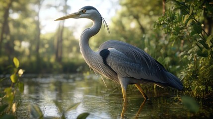 Naklejka premium Grey heron wading in shallow water, sunlight through trees.