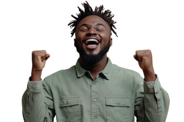 Portrait of delighted positive person closed eyes raise fists shout yeah isolated PNG

