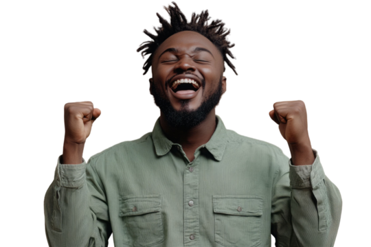 Portrait of delighted positive person closed eyes raise fists shout yeah isolated PNG

 - Powered by Adobe