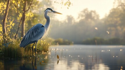 Majestic heron standing in tranquil lake at sunrise, surrounded by lush greenery and misty atmosphere.