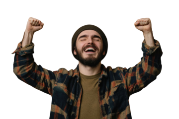 Portrait of delighted positive person closed eyes raise fists shout yeah isolated PNG

