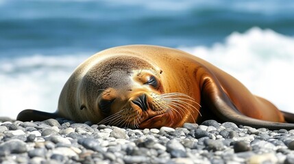Seal sleeping on pebbled beach; ocean waves blurred in background. Stock photo