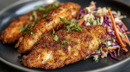 Three crispy fried fish fillets are served on a dark plate with a side of vibrant coleslaw. Garnished with fresh herbs, its a delicious and visually appealing meal.