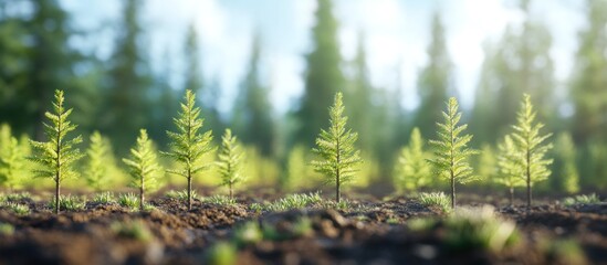 Obraz premium Young conifer trees growing in a forest.
