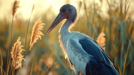 Fototapeta premium Asian Openbill Stork at sunset in tall grass.