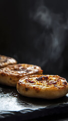 Delicious savory syrniki with parmesan and sun-dried tomatoes on dark background