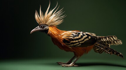 Hoatzin bird with striking crest and plumage, studio shot against dark green background.