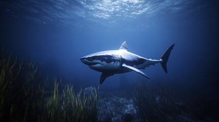 Fototapeta premium Great white shark swimming in deep ocean, sunlight illuminating it from above, seagrass in foreground.