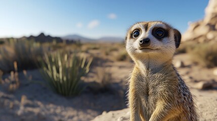 Curious meerkat sitting in desert, looking up.