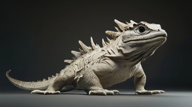 A 3D render of a white, spiky lizard-like creature, posed against a dark background.