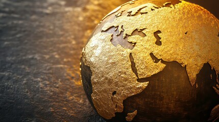 3D golden globe showing a textured world map, with continents engraved in gold. Highlight Africa, Europe, and the Americas in a stylized, metallic finish