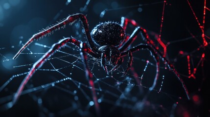 Close-up of a black spider with red legs on its web in dark blue background.