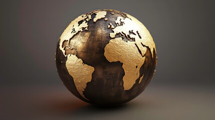 3D golden globe showing a textured world map, with continents engraved in gold. Highlight Africa, Europe, and the Americas in a stylized, metallic finish