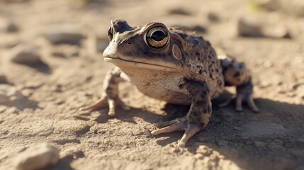 Fototapeta premium Close-up of a toad on sandy ground, sunlight illuminating its features.