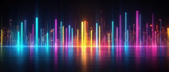 A vibrant digital soundwave representation with colorful vertical bars against a dark background, symbolizing music and energy.