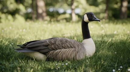Obraz premium Canada goose resting in a grassy park.