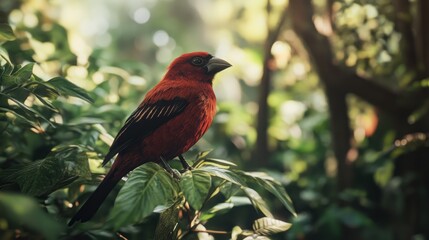 Vibrant red bird perched on green foliage in a lush forest, sunlight filtering through leaves.