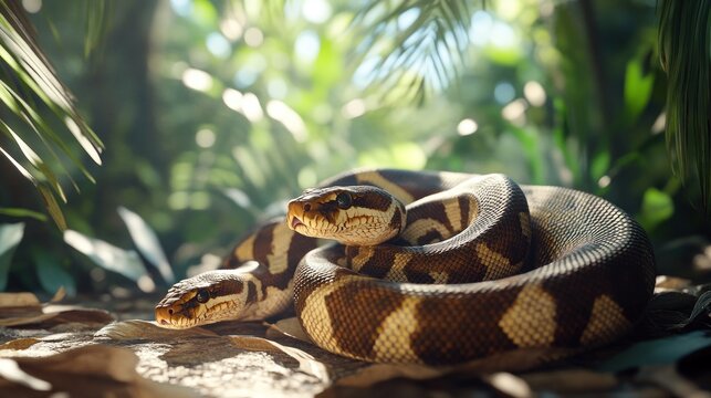 Two ball pythons coiled together in lush tropical foliage.