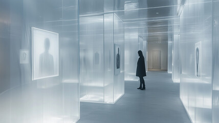 Fototapeta premium 隠し扉の先に広がる透明化された美術展示室の幻想