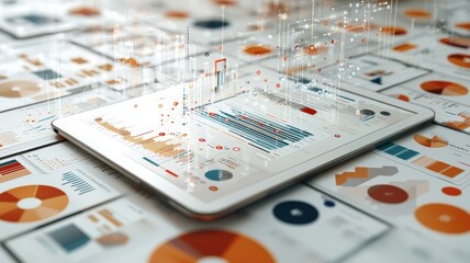 Fototapeta premium A modern tablet displaying colorful data visualizations on a surface filled with charts and graphs, emphasizing analytics and information processing.