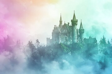 Watercolor Irish castle with misty rainbow background, ethereal green landscapes, dreamy style