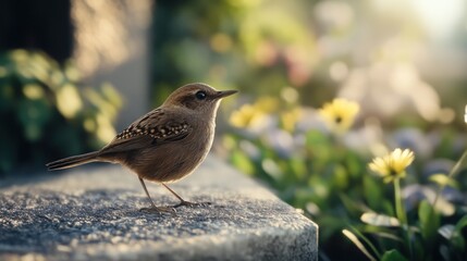 Small brown bird perched on stone, garden background, sunlight.