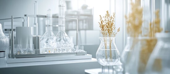 Scientific laboratory glassware with dried flowers in a vase.