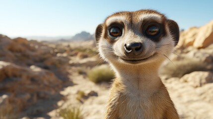 Fototapeta premium Close-up of a cute meerkat smiling in a desert landscape.