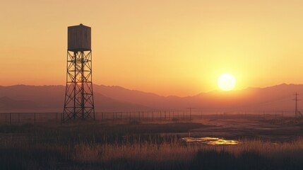 Sunrise over a vast landscape with a water tower.