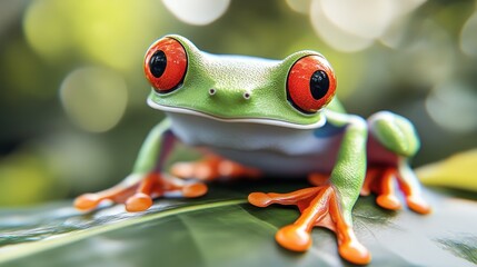 Fototapeta premium Close-up of a vibrant red-eyed tree frog perched on a lush green leaf.
