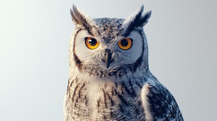 Close-up portrait of a majestic owl with intense yellow eyes against a soft, light background.