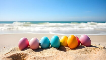Obraz premium Happy Easter eggs in a rainbow of colors on a sandy beach, with gentle waves in the background