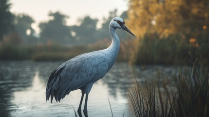 Fototapeta premium Elegant gray crane wading in calm water at sunrise, near reeds and trees.