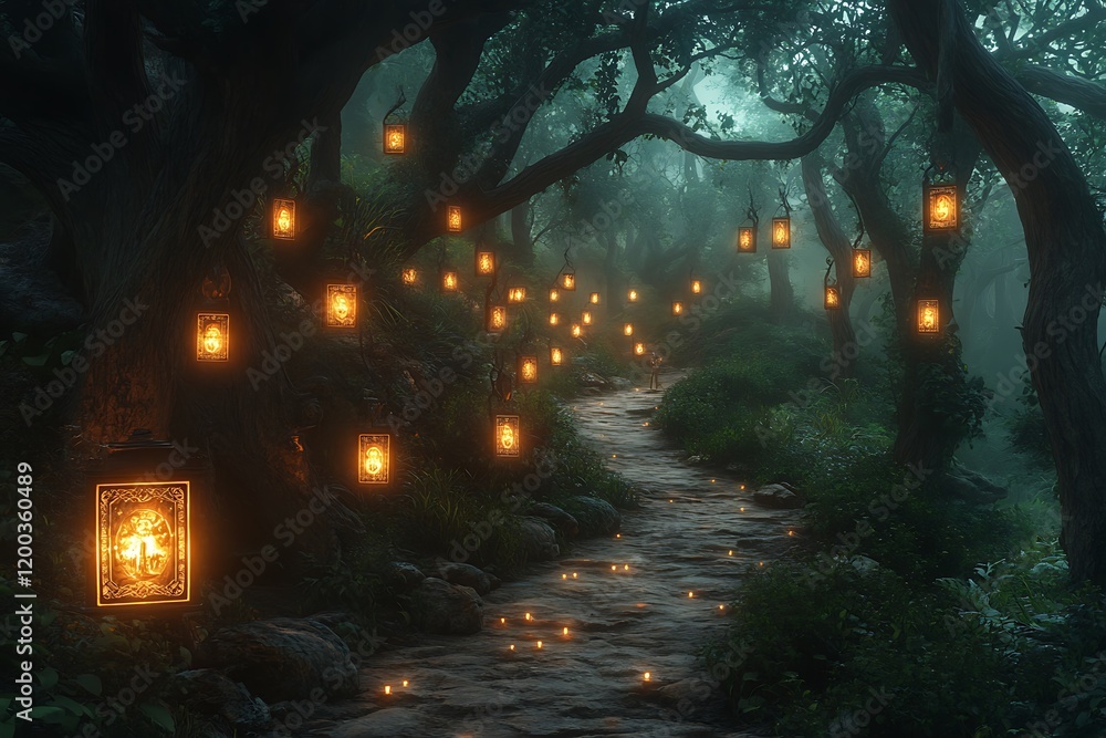 Poster enchanting path through a mystical forest at night, illuminated by glowing lanterns hanging from anc
