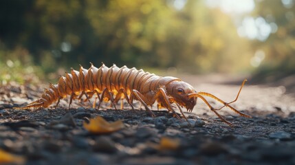 Obraz premium Close-up of a large, light brown centipede crawling on a dirt path in a forest.