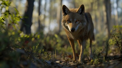 Fototapeta premium Red wolf walking in forest, looking at camera.