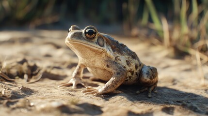 Fototapeta premium Close-up of a toad sitting on sandy ground, facing towards the viewer, in a natural environment.
