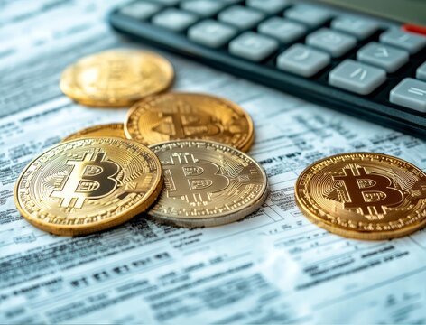 Bitcoin coins with financial documents and calculator symbolizing taxes and regulation
