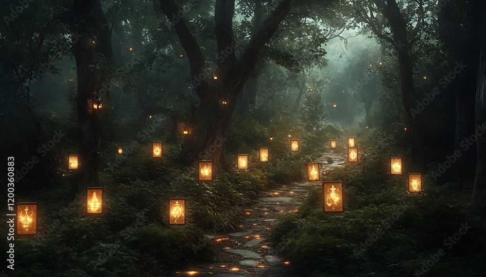 Poster enchanting forest path illuminated by glowing lanterns hanging from trees at night.