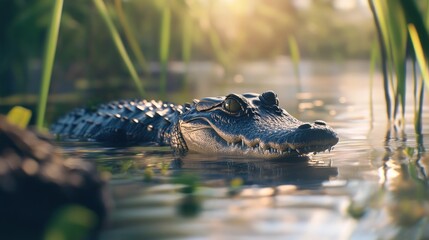 Naklejka premium Young alligator partially submerged in murky water, sunlight filtering through reeds.