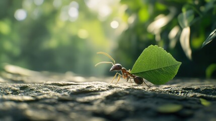 Ant carrying a large green leaf in a forest.