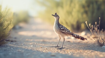A small, brown and white bird stands on a dirt path, looking upward towards the sun.