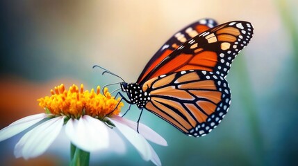 Fototapeta premium Monarch butterfly feeding on a white flower with orange center, close-up view.