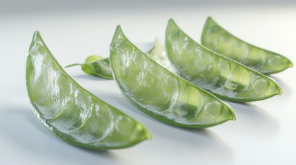 Obraz premium Four opened pea pods arranged on a white background, showcasing their vibrant green color and slightly frosted texture.
